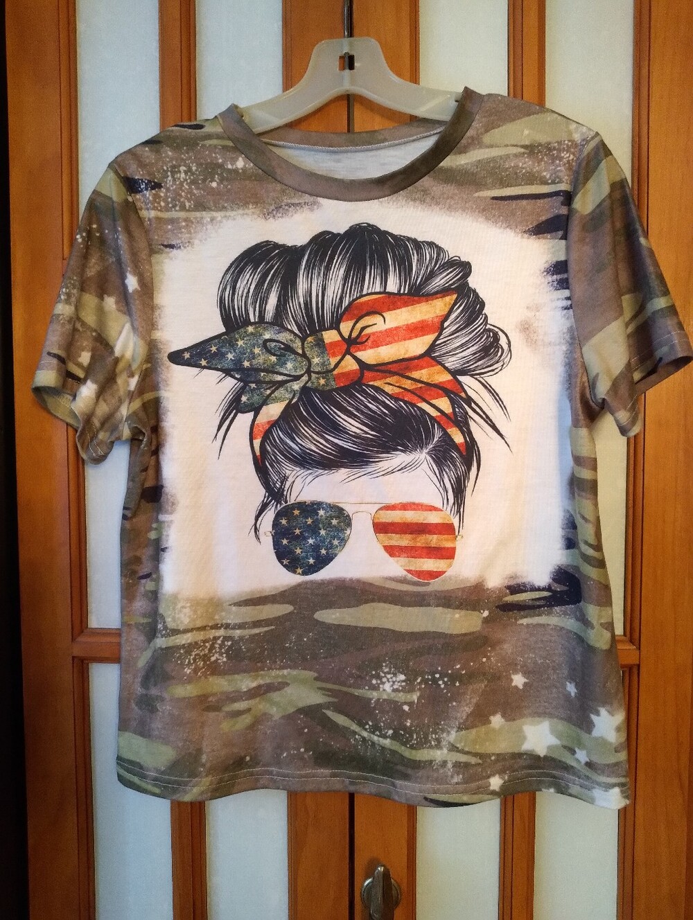 Women's Jr's Camo T Shirt Sunglasses Flag Stars by Shein Sz L